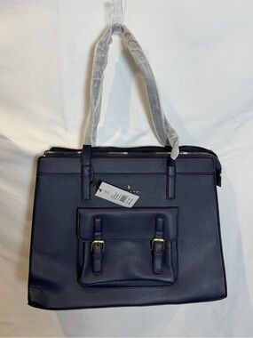 London Fog Sophia Navy Pebble Tote with Gold Accents